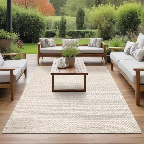 the carpet Maldives – Tapis d'extérieur résistant avec Design Boho et Vintage, imperméable et Facile d'entretien, pour Balcon, terrasse & Jardin, Beige, 240 x 340 cm
