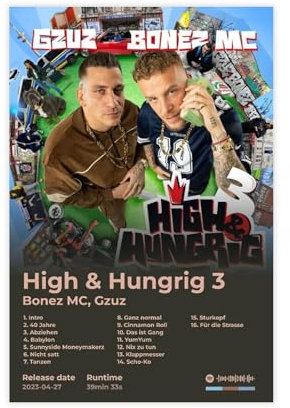 Bonez MC Gzuz Kunstposter Cool Rapper Hip Hop Musik Rapalbum High and Hungrig 3 Cover Tracklist Fans Geschenk Raumdekor Leinwand Poster Wandkunst Dekor Druck Bild Gemälde für Wohnzimmer Schlafzimmer
