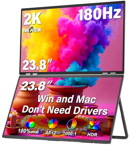 InnoView 23.8 Dual Portable Monitor 180Hz 2560 x 1440P 2K 100% sRGB - Foldable & Stackable Design with 315° Screen Adjustment & 180° Stand | USB-C/HDMI, Dual Monitor for Laptop, Mac, Windows