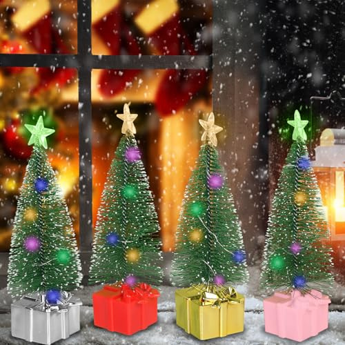4Pcs Mini Cedar Christmas Tree With Lights Table Top Artificial Christmas Trees Decoration, Miniature Christmas Trees Xmas Artificial Table Tree with Lights for Home Office Desktop Christmas Tree