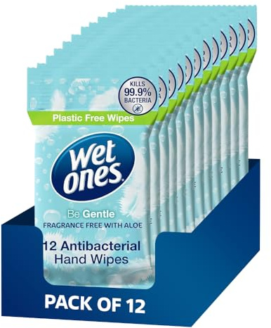 12 Pack Wet Ones Unscented Hand Wipes – 144 Wipes, Fragrance Free Biodegradable Wipes Gentle on Skin with Aloe, Plastic Free, Travel Size Hand Cleaning Wipes for Home, Office & Everyday Fresh Cleaning