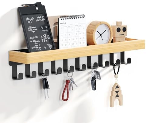 SWTYMIKI Schlüsselbrett mit Holztablett und 10 Haken - Multifunktionales | Schlüsselhalter/Schlüsselboard, Schlüsselbrett mit Ablage für Flur, Schlafzimmer & Küche, Hängen Küchenbesteck