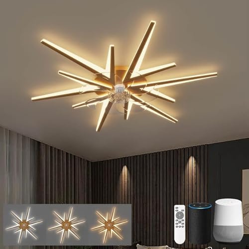 LJX 92cm Moderne Deckenventilator mit Lampe Kompatibel mit Alexa Leise DC Deckenventilator mit Beleuchtung 2.4G HZ Wifi Dimmbar Reversibel für Schlafzimmer Küche, Gold