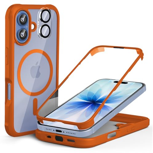 Leedia Kompatibel mit Magsafe iPhone 17 Hülle 360 Grad Schutz Orange | Ganzkörper Schutzhülle mit Eingebauter Panzerglas Displayschutz Stoßfest Case Handyhülle für iPhone 17 6.3