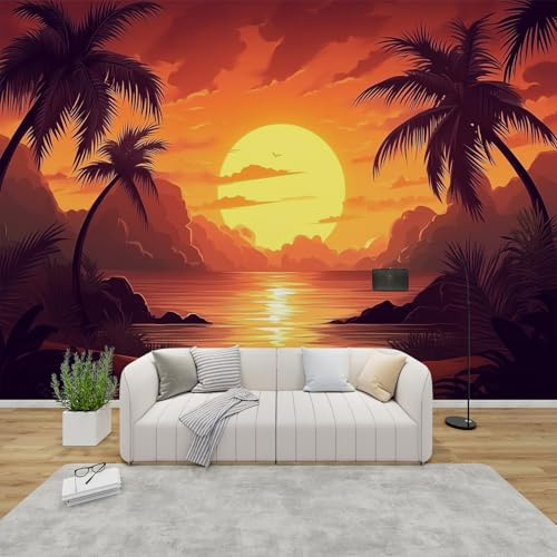 AevuCub Sunset Wallpaper for Living Room - Tropical Palm Tree Wall Murals for Bedrooms, Ocean Beach Wall Art, Non-Woven Photo Wallpaper 3D Effect, 350x256 cm