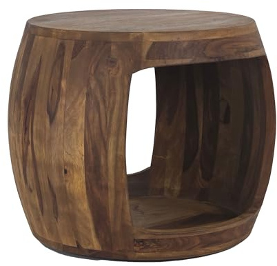 FineBuy Beistelltisch Rund 50x50x40 cm Sheesham Massivholz, Ablage | Couchtisch mit offenem Fach im Natur Look, Wohnzimmertisch aus Echtholz, handgefertigtes Unikat