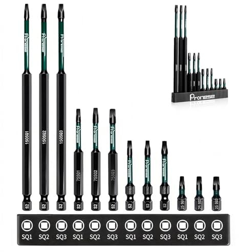 Pronese 12Pcs Square Screwdriver Bits, 25mm/50mm/75mm/150mm, S2 Steel 1/4”Hex Shank Magnetic Square Head Impact Drill Bits, Robertson Screwdriver Bits SQ1 SQ2 SQ3