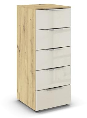 Rauch Möbel Flipp, Kommode, Farbe Glas Beige/Eiche Artisan, Breite 40 cm | Sideboard, 5 Schubladen, Glasfront, Soft-Close-Funktion, für Schlafzimmer, Gästezimmer, Wohnzimmer, Garderobe, Flur