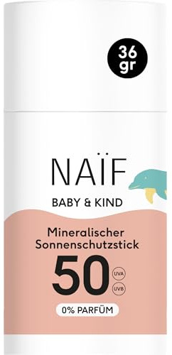 Naïf - Mineralischer Sonnenschutzstick - für Baby & Kind - LSF 50-0% Parfüm - Stick ohne Mikroplastik, Mineralöle oder Silikone - UVA und UVB Schutz - Wasserresistent - Dermatologisch Getestet - 36g