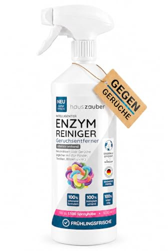 hauszauber - Enzymreiniger [STARKER GERUCHSENTFERNER] 1000 ml - Gegen Katzenurin, Nikotin, Tiergerüche etc. - Schlechte Gerüche aus Auto & Teppich entfernen - Geruchsentferner - Frühlingsfrische