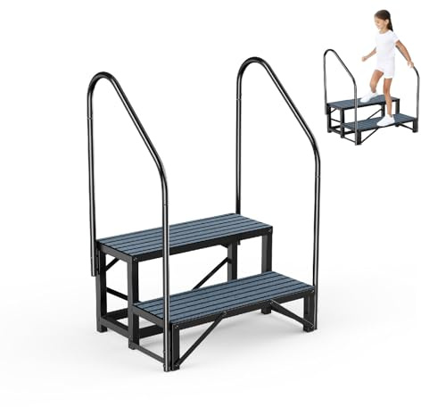 Kurflo 2 Stufen Trittstufe mit 2 Griff, Stahl, 300kg, rutschfeste Matte, Für Senioren, Kinder & Haustiere, Innen/Außen: Bad, Balkon, Wohnmobil (2-stufige)