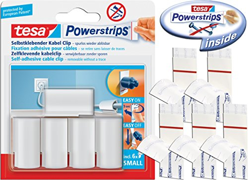 tesa Powerstrips® Kabel-Clip, selbstklebend, spurlos wieder ablösbar, weiß (5 Clips + Ersatz-Strips)