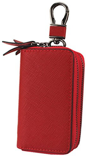 Esdrem-Unisex-Echtleder-Schlüssel-Hülle/Halter - mit Doppelreißverschluss - Auto-Schlüsselanhänger-Schlüsseletui Red Large