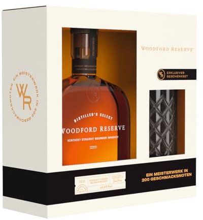 Woodford Reserve Bourbon Whiskey - Hochwertiges Geschenkset - Perfekt ausgewogen mit würzigen und süßen Noten von Früchten und Vanille - 0.7L/43,2% Vol.