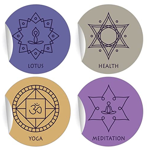 5 x 24 elegante Yoga Aufkleber mit edlen Symbolen Meditation, Health, Lotus, Yoga, MATTE Etiketten für Wellness Geschenke, runde Sticker für Deko, Briefe ø 45mm; 4 Motive