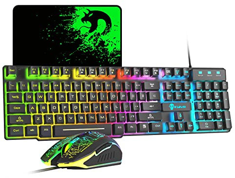 Set tastiera e mouse da gioco cablati 12 modalità di illuminazione RGB 104 tasti Tastiera completamente illuminata anti-ghosting 2400DPI Mouse da gioco ottico USB a 6 pulsanti Tappetino per mouse nero