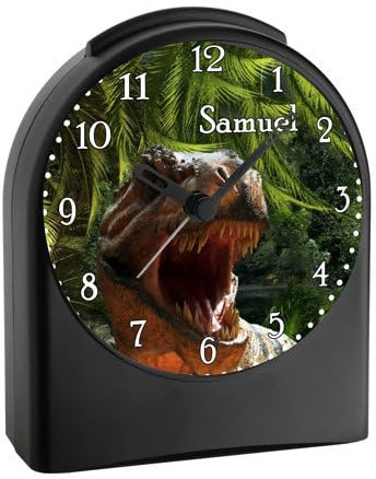 CreaDesign, WU-50-1124, T-Rex, analog Kinderwecker schwarz, Funkwecker ohne Ticken, mit Licht, personalisiert mit Namen, 9,6 x 5,5 x 11,9 cm, 104 g