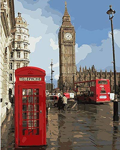 YEESAM ART Neuheiten Malen nach Zahlen Erwachsene Kinder, London Big Ben, Rote Telefonzelle, Vereinigtes Königreich Straßenansicht 40x50 cm Leinen Segeltuch, DIY ölgemälde Weihnachten Geschenke
