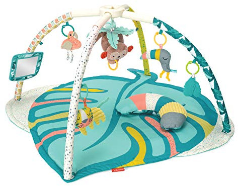 Infantino 4-in-1 Deluxe Twist & Fold Activity Gym & Krabbeldecke mit Spielbogen, Tropisch – inklusive abnehmbarer Spielzeuge, Musical-Äffchen, Spiegel und Nackenkissen