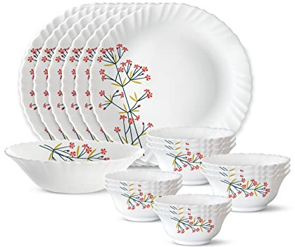 Borosil Gourmet Dinnerware Set For 6, 19 Pieces, White Dinner Plates and Bowls Sets, Chip Resistant Tempered Opal Glass, Stain Resistant, Dishwasher & Microwave Safe Dinner Set For Gifting, Serves 6