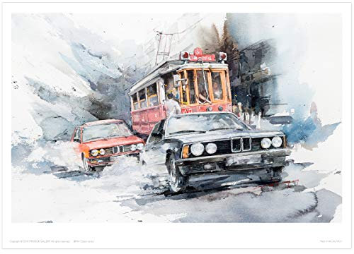 MINSEOK Aquarell-Auto-Poster, Raumdekoration, A3, Kunstdruck, Altes Auto, perfektes Auto-Wandkunst, Geschenk, Stadtfahrfilm, Sensibilität, schwarze Oldtimer, Straßenbahn