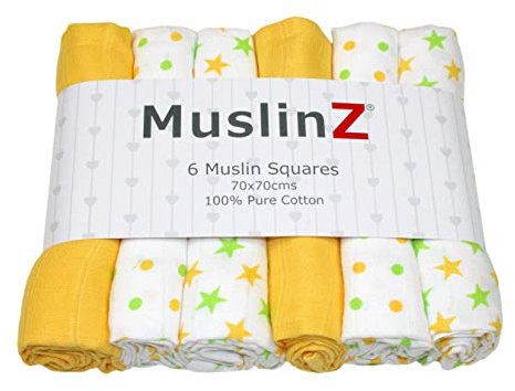MuslinZ 6pk Baby Musselin Quadrate Spucktücher 100% Reine weiche Baumwolle 70x70cm Gelbe Sterne…