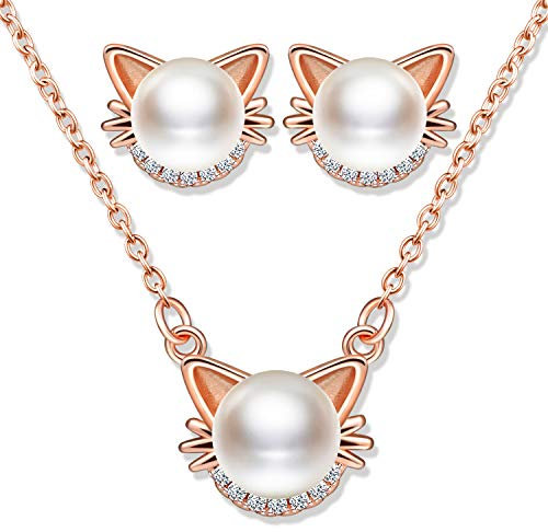 Yumilok Kette Damen Halskette Damen Ohrstecker Ohrringe Katzen Schmuck Set mit Weiß Perle aus 925 Sterling Silber für Damen Frauen Roségold