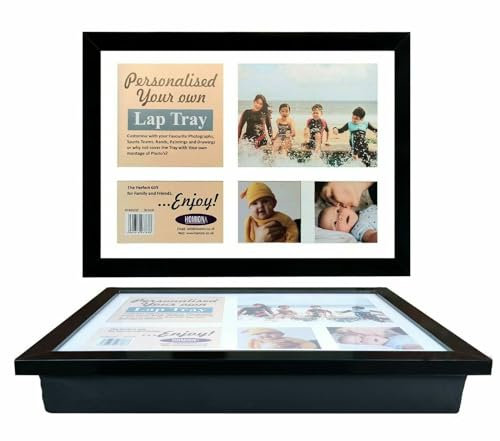 Personalised Wooden Lap Tray Breakfast, Food, Laptop Table with Bean Bag Soft Cushion Padded Compact in Gift Pack Wood Beanbag Support Tray Camping Caravan Bed Tray Photo Frame (Black)