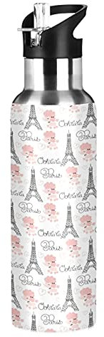 Vnurnrn Tour De Paris Bouteille d'eau Isotherme en Acier Inoxydable Isolé avec Paille Water Bottle(600 ML)