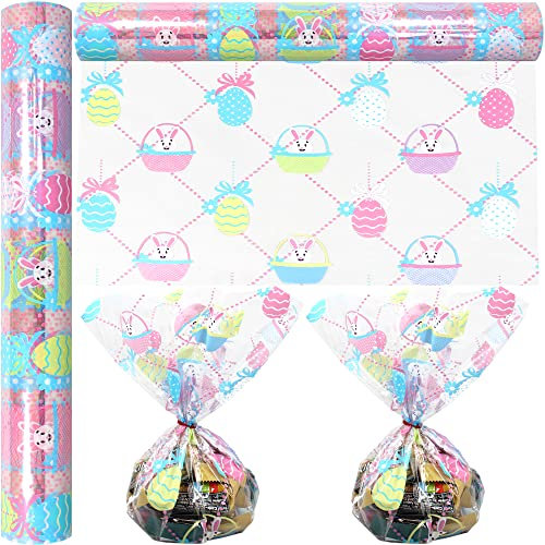 AnapoliZ Zellophanfolie für Ostern, 30 m lang x 40,6 cm breit, 2,3 mm dick, kristallklar, Design Cellophan-Geschenkpapier für Leckereien, Körbe, Geschenke, Hasen und Eier