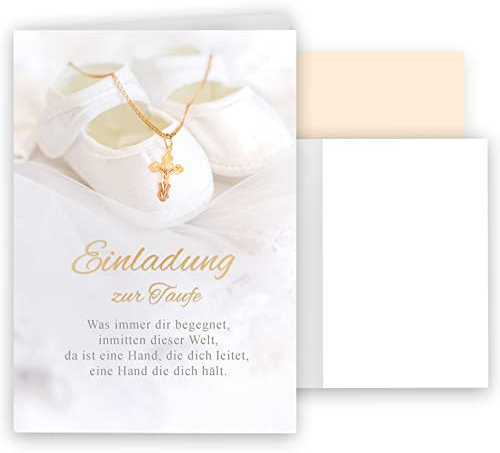 10 Einladungskarten mit Umschlag Einladung zur Taufe mit Text Klappkarten Karten stilvoll kreuz Aquarell zart Kreuzanhänger Babyschuh edel Baby