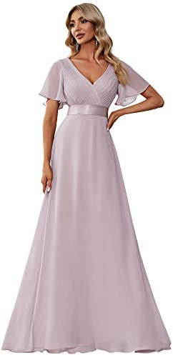 Ever-Pretty Women's Double V-Neck Short Flutter Sleeves Empire Waist Elegant Chiffon Floor Length Mother of The Bride Dresses Lilac 18UK