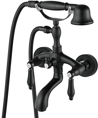 Aolemi Wannen-Wandarmatur in mattem Schwarz, nur Wandmontage, mit handgeführter Dusche, Doppelhebelgriffen, Waschtischmischer, Vintage-Telefonform, Wannenarmatur-Set und Duschset für Badezimmer