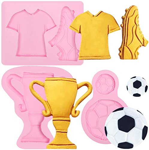 Soccer Shoes Soap Silicone Molds 3 Pcs, Football Fondant Molds Jersey Trophy Sneakers Mold for Chocolate Cake Decoration Candy Sugar Cupcake Topper Sports Themed Birthday Party Polymer Clay Crafts