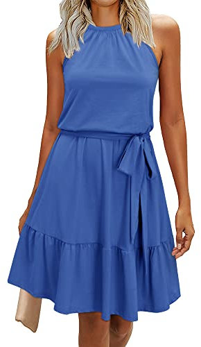 Newshows Sommerkleid Damen Knielang Elegant Kleid Neckholder Sommer Ärmellos Freizeitkleider mit Taschen(Blau, L)