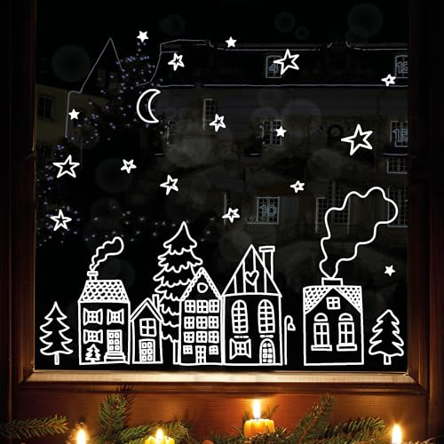 Wandtattoo Loft Fensterbilder Weihnachten Häuserreihe – Wiederverwendbar – A2 Bogen, 44 Sticker – Weihnachstdeko Fenster Kinderzimmer, Weihnachtsbilder Fenster, Fensterbild Winter, Fensterdekoration