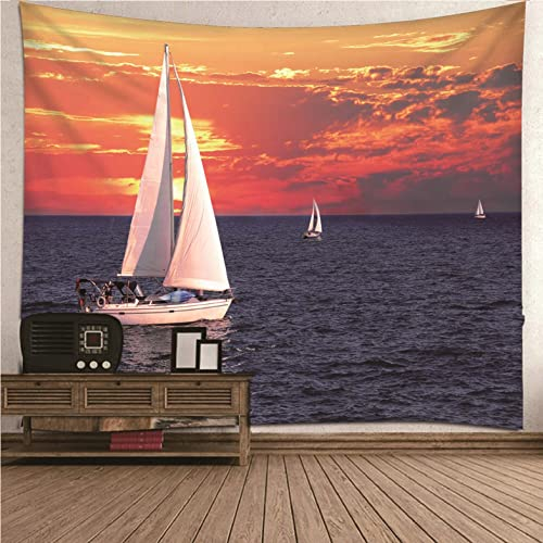 UNZYE Wandbehang Wandteppiche Wanddekoration Dachschräge Segeln Auf Dem Meer Bei Sonnenuntergang Wandbehang Uni Partyraum Wanddekoration Orange Weiß Schwarz Wohnzimmer 350x250CM