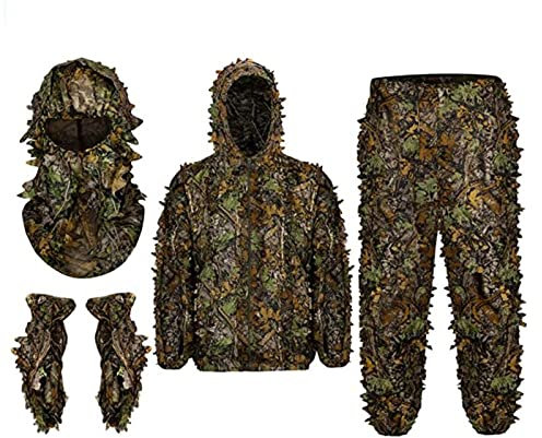 Amagogo Ghillie-Anzug für Herren, Vollgesichtsmaske, Handschuhe, Set, Tarnanzug, Blattmuster, für die Jagd, M L