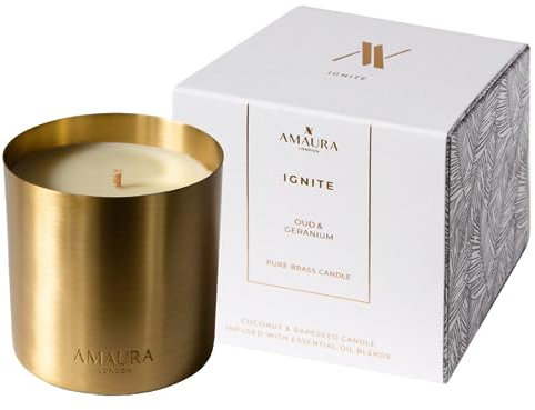 Amaura London Eco Luxury Long Burning Scented Candle - Infused with Essential Oil Blends - Candle Gift - 50hr Burn | 280g | Pure Brass Candle with lid (Ignite | Oud and Geranium)