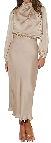 Odizli Abendkleider Elegant für Hochzeit Damen Langarm Rollkragen Satin Lang Ballkleider Hochzeitsgäste Festlich Hochzeitskleid Cocktailkleid Partykleid Silvester Herbst Kleid Winterkleid Aprikose L