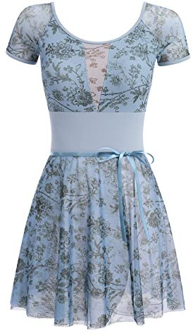 FYMNSI Damen Ballettanzug Ballettbody Tanz Body mit Ballettrock Wickelrock Gymnastikanzug Trikot Kurzarm Bodysuit Blumenmuster Mesh Turnanzug Gepolstert R?ckenfrei Leotard Ballettkleid Hellblau M