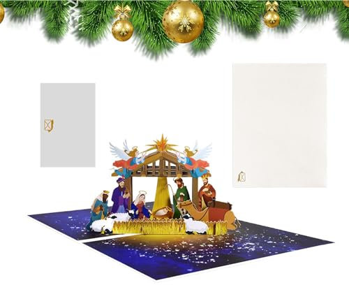 Yemyap 3D-Krippenkarten | Religiöse Pop-Up-Karten Mit Umschlägen, Weihnachtsgrußkarten Als Geschenk Für Freunde, Nostalgische 3D-Weihnachtskarte Mit Christlichem Motiv