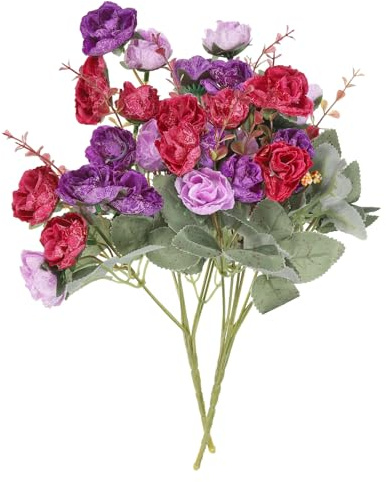 PATIKIL 7 Branch 21 Heads Artificial Silk Mini Rose with Stem, 2 Pack Fake Flowers Leaf Rose Decor Bouquet for Wedding Home Office Decoration, Purple