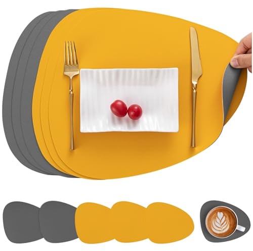 Myir JUN Tischsets Leder und Untersetzer, Tischsets Abwaschbar Rund Doppelseitigen rutschfest Platzdeckchen Leder Kunstleder Tischset Lederoptik Platzset (Grau Gelb, Satz von 6)