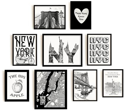 New York City Wandkunst, flippiges NYC-Dekor, Reiseposter, trendige Schwarz-Weiß-Drucke (20,3 x 25,4 cm, ungerahmt), 9 Stück