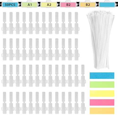 50 Pezzi Etichette per Cavi Trasparente, Riutilizzabili Marcatura Cavi in Plastica con 50 Fascette + 1 Libro Note Adesive, Impermeabile marcatori cavi elettrici per computer, gestione cavi