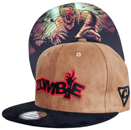 Capiche [99+ Varianti] Cappellino Snapback Zombie - Cappello in Pelle Scamosciata Marrone Chiaro con Visiera Nera, Logo Ricamato Rosso, Grafica sottovisiera Non Morta,
