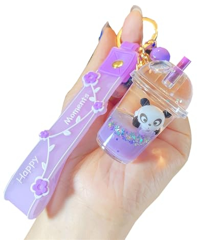 Rertnocnf Niedlicher Schlüsselanhänger mit Flüssigkeit, schwimmend, Kawaii-Schlüsselanhänger, Rucksack-Anhänger, Charm, Schlüsselanhänger für Mädchen und Frauen, Panda-lila, 5 * 3 * 3.7 cm