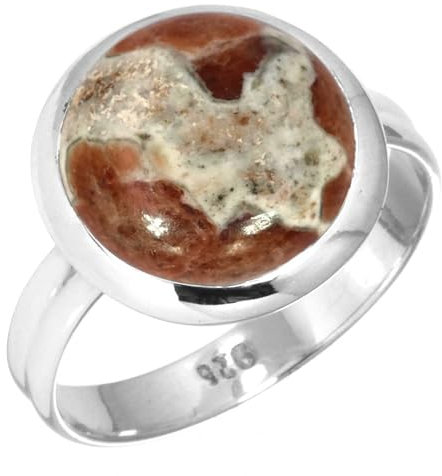 Jeweloporium Brauner Granat in Kalkstein-Silberring Größe 56 (17,8), 925 Sterling Silber Ring für Frauen, echter klobiger runder Edelstein-Boho-Schmuck
