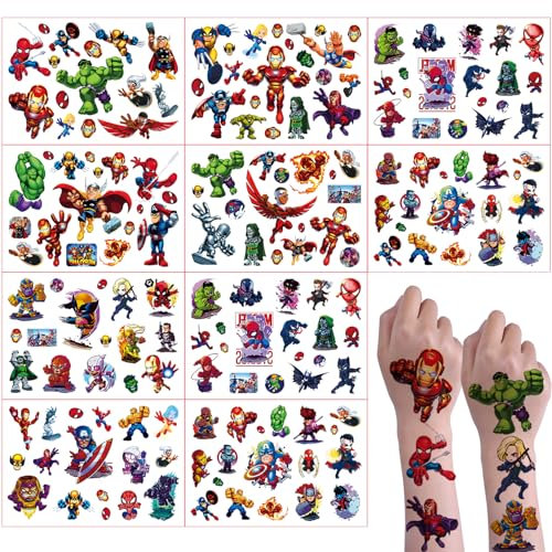 Tattoo Kinder, 8 Blätter Avengers Tattoo, Temporäre Anime Tattoo Set für Geburtstagsgeschenke Kindergeburtstag Mitgebsel Gastgeschenke Party Deko